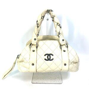 CHANEL Cream Leather Logo Boston Bag